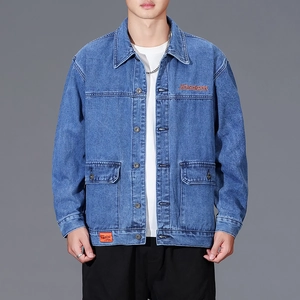 Men's Streetwear Denim Jacket Polyester Blend Wash Finish Embroidery Lettering Workwear Style Casual Daily Long Sleeve Outerwear