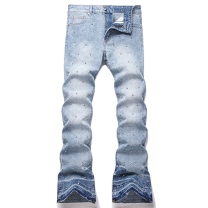 Men High Street Flare Jeans Starry Rhinestone Embellished Washed Denim Pants Light Blue Stacked Style Bottoms For Young Men