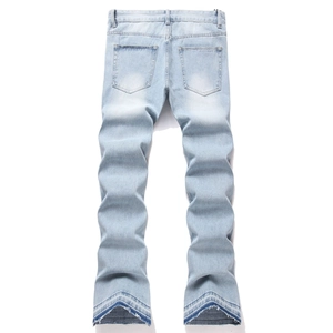 Men's light blue flared jeans with vintage patchwork and raw fringe hems, back view