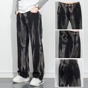 Jeans de Lavage à l'acide High Street pour Hommes Denim Lourd Pantalon Droit Large Vintage Américain Tie Dye Marbré