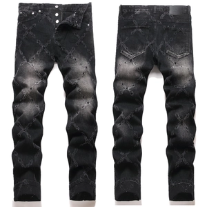 Men High Street Washed Black Denim Jeans Cross Embroidered Slim Fit Punk Style Button Fly Beads Embellished Pants For Men