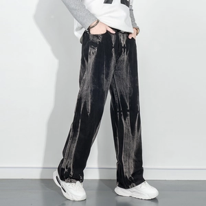 Jean droit en denim lourd de style américain avec texture vintage délavée noire