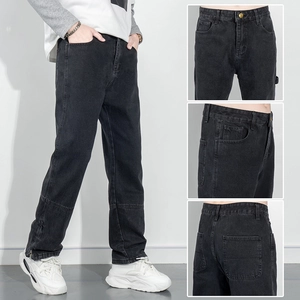 Pantalon Cargo en Denim Noir pour Hommes Poches Multiples Ourlet à Fermeture Éclair Jambe Droite Jeans en Coton Streetwear Pantalon Décontracté pour Jeunes
