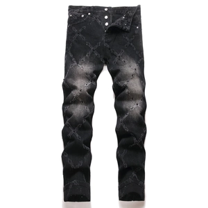 Slim fit black-grey jeans with gothic cross embroidery and multi-button fly