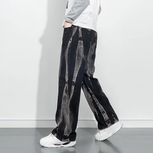 Jean denim noir délavé style américain coupe large droite et tissu épais tendance streetwear