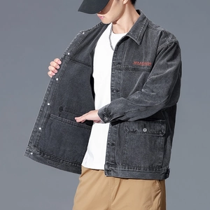 Men's washed smoke gray denim jacket with vintage embroidery and relaxed fit design