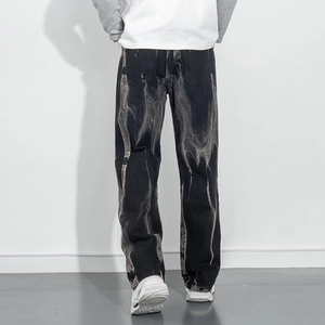 Jean ample noir tie-dye pour hommes avec motif marbré délavé à l'acide de qualité
