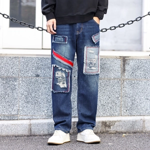 Men Retro Patchwork Straight Jeans Fleece Lined Distressed Denim Pants With Red Ribbon Streetwear Loose Casual Trousers