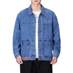 Classic blue washed denim jacket for men featuring flap pockets and chest embroidery
