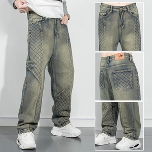 Jean en Denim Vintage Usé pour Hommes Coupe Large Jambe Droite Avec Patchwork Matelassé en Losange Pantalon en Coton