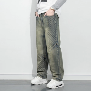 Jean baggy vert clair délavé rétro avec patchwork de losanges sur le côté homme