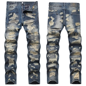 Pantalon Jeans Déchiré Homme Style Rue Américaine Rétro Punk Distressed Coupe Droite Denim Délavé Mode Homme