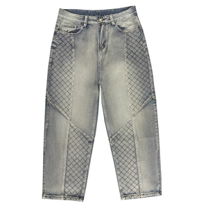 Jean droit délavé bleu clair vintage avec empiècement matelassé à motif losanges