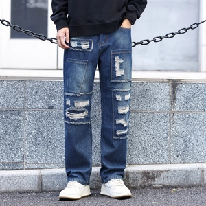 Men's Distressed Straight Leg Jeans Fleece Lined Winter Warm Denim Pants Patchwork Design Streetwear Style Loose Fit Casual Trousers