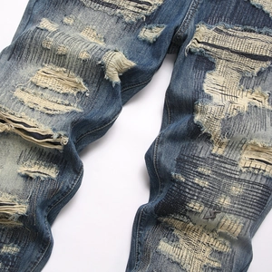 Men's retro punk slim fit straight jeans with vintage wash and distressed patch details