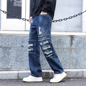 Men's loose straight-leg ripped jeans in dark blue wash with street style patchwork