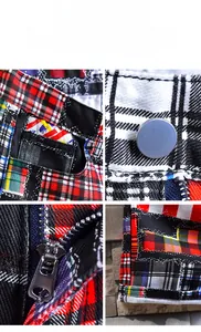 Detailed view of colorful plaid patchwork denim shorts with metal buttons and zipper