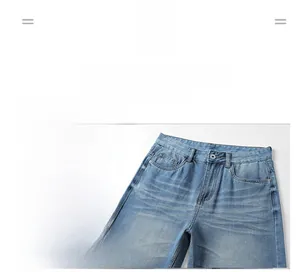 Detail view of washed blue denim shorts featuring comfortable waist and metal button