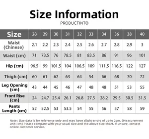 Detailed size chart for men's loose fit plaid denim shorts showing waist and hip measurements