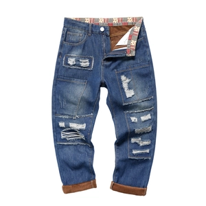 Fleece-lined distressed straight jeans for men with patchwork and blue denim wash
