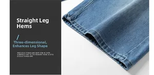 Detailed close-up of loose-fit washed blue denim jeans showing straight leg hem and stitching
