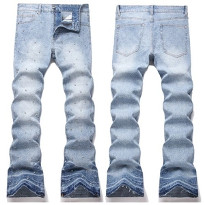 Men High Street Light Blue Rhinestone Flare Jeans Stacked Distressed Denim Pants Frayed Edge Acid Wash Fashion Streetwear