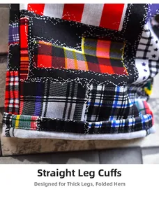 Detail shot of plaid shorts with mixed star patterns and straight leg hem finish