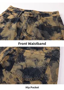 Détail d'un jean camouflage vintage montrant la taille avant et les poches arrière