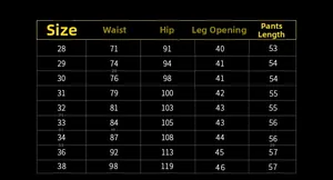 Detailed size chart for men's denim shorts showing waist, hip, and length in centimeters