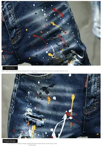 Detailed macro view of paint splatter design and distressed holes on denim shorts