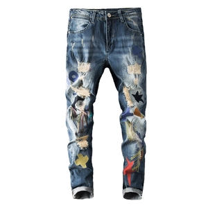 Retro Men's Distressed Ripped Denim Jeans With Moon Star Cross Embroidery Patches Slim Fit Straight Leg Washed Blue Streetwear Pants