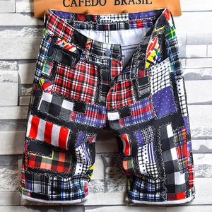 Men Casual Denim Patchwork Shorts Plaid Streetwear Straight Leg Summer Cargo Shorts Multicolored Patchwork Fashion Bottoms