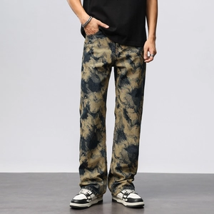 Jeans Amples à Jambes Droites pour Hommes Vintage Américain High Street Imprimé Camouflage Pantalon Cargo Casual en Denim