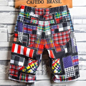 Men's relaxed checkered patchwork denim shorts with vintage street style patterns