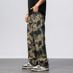 Jean camouflage homme vintage marron jaune et bleu noir, coupe droite décontractée
