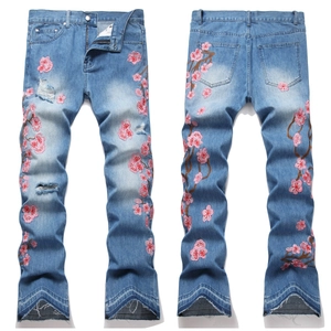 Men's Vintage Plum Blossom Embroidered Flared Jeans Slim Fit Washed Distressed Denim Pants Casual Fashion Trousers