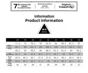 Detailed size chart for men denim shorts including waist, hips and thigh measurements
