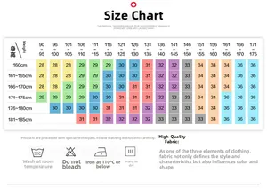 Size chart for denim shorts showing height, weight recommendations and washing care tips