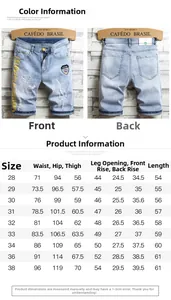 Guide des tailles pour shorts en jean homme brodés avec mesures de taille et hanches