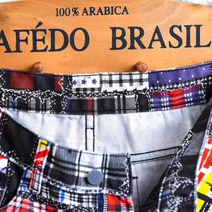 Men's loose patchwork denim shorts with mixed red and blue plaid and checkered patterns