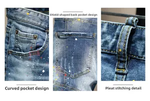 Détail du short en jean avec poches arquées, poches arrière écusson et taches de peinture