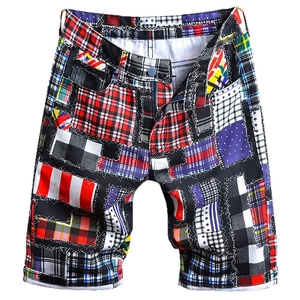 Relaxed fit patchwork plaid denim shorts for men with star and stripe patterns
