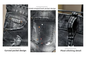 Dettaglio macro di pantaloncini in denim grigio con schizzi di vernice e strappi