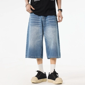 Men Washed Blue Denim Cropped Pants Wide Leg Loose Fit Cotton Blend Lyocell Seven Quarter Jeans Streetwear Casual Shorts