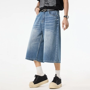 Men's wide leg light blue washed denim shorts in relaxed fit streetwear style