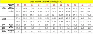 Detailed size chart for men's leopard print slim jeans showing measurements from size 28 to 42