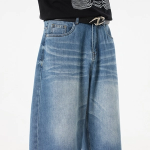 Men's wide-leg washed blue denim shorts with vintage texture and stylish D-buckle belt
