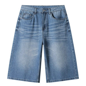 Men's loose wide-leg washed blue denim shorts with vintage street style design