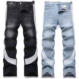 Jean Homme High Street Jambe Droite Trois Bandes Harajuku Denim Pantalon Streetwear Coton Bleu Noir Large