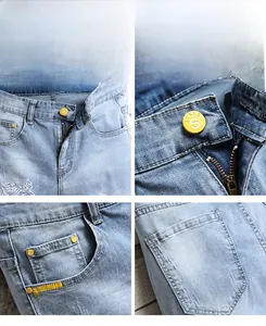 Détails de la broderie, de la fermeture éclair YKK et des boutons sur le short en jean